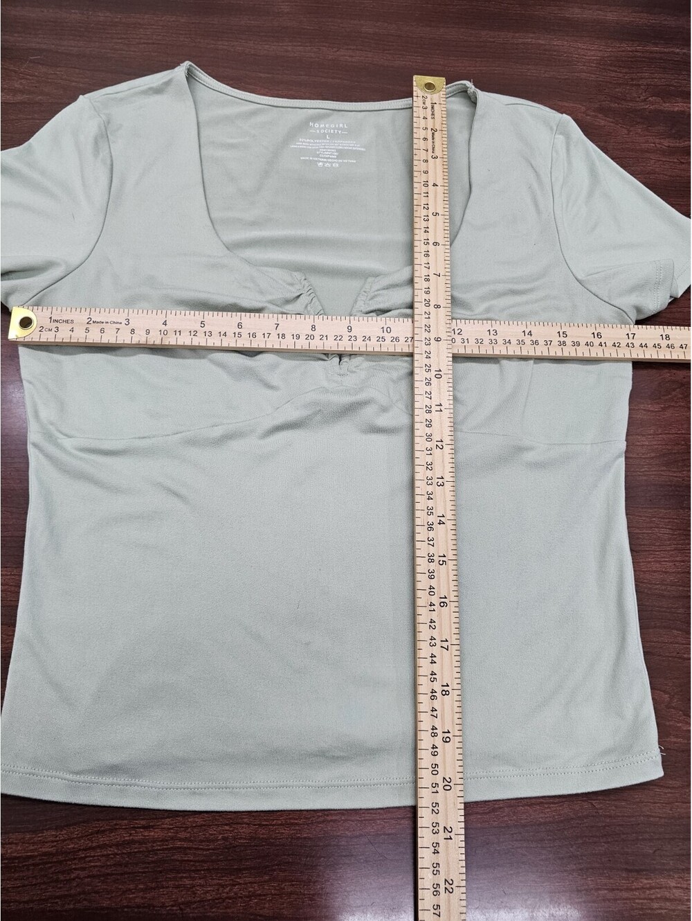 Homegirl Society Women's L Sage Green Ruched Square Neck Tee Stretch Top - Picture 5 of 5